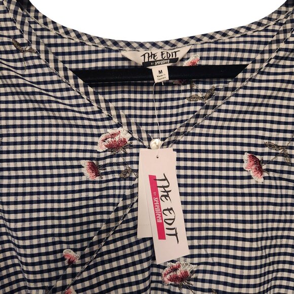 The Edit by Seventeen Navy White Gingham Floral Embroidered Romper Size Medium - Picture 8 of 9